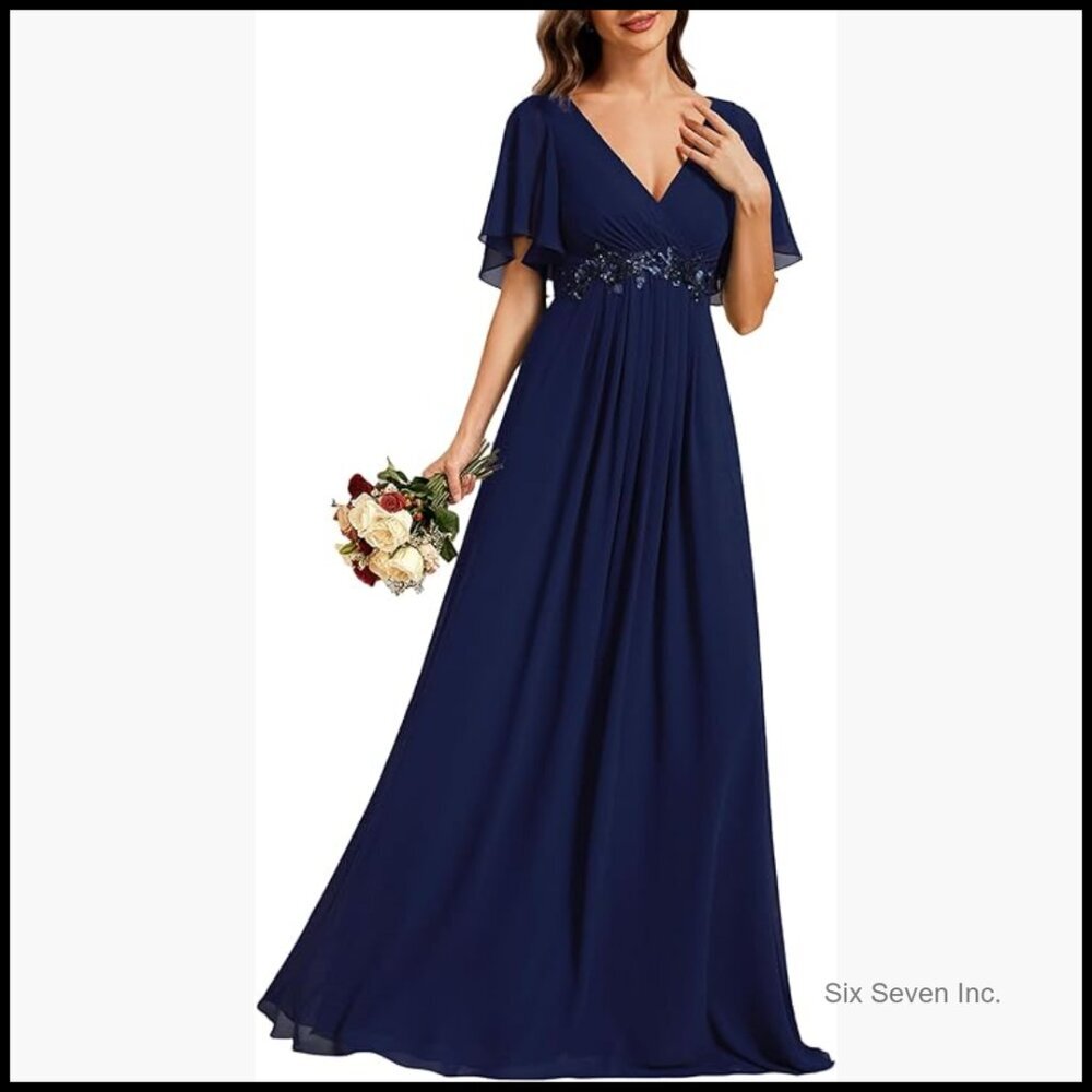Chiffon Bridesmaid Dress V-Neck Empire Waist Appliques Formal Long
